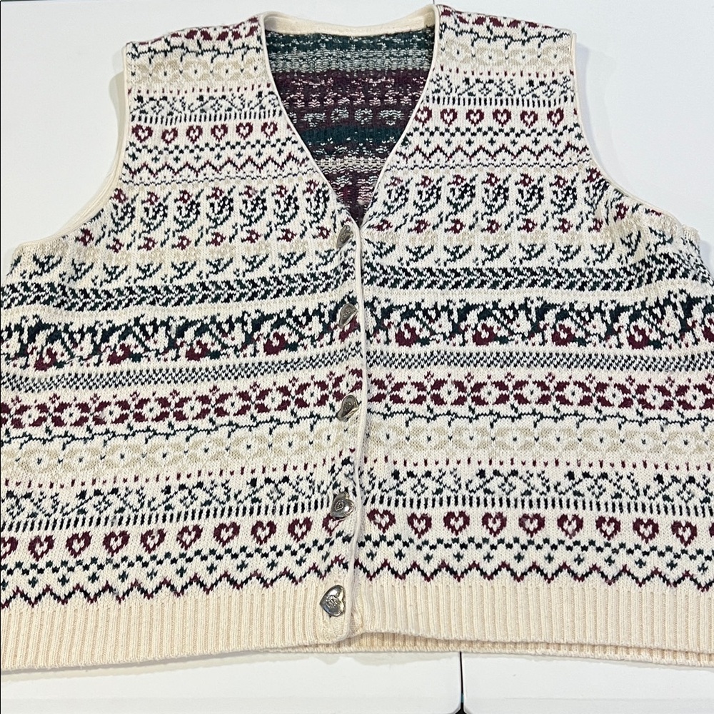 Vintage - Cream, burgundy, green, Heart Patterned Sweater Vest